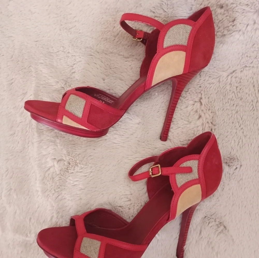 Tory Burch Suede Red Volcan Tan Tweed Art Deco Ankle Strap Heel 9.5 NWT